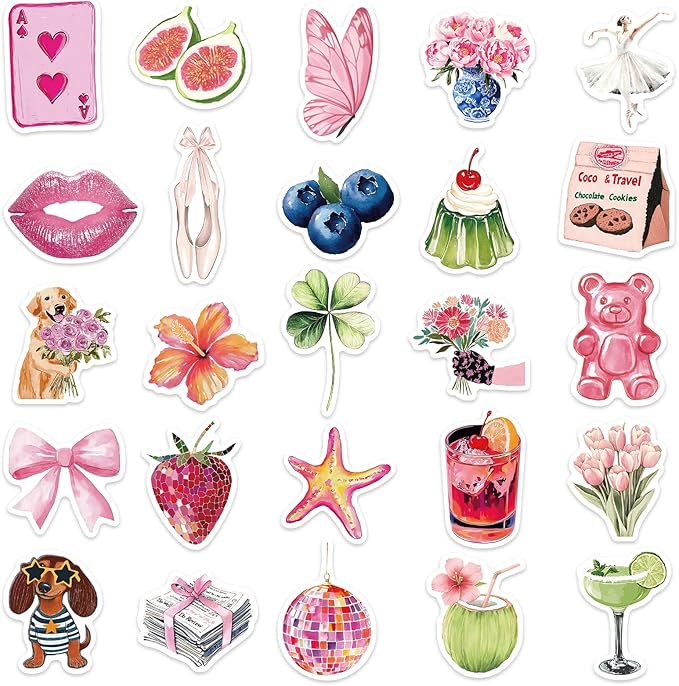 55 pcs vintage pink stickers, waterproof retro aesthetic stickers for water bottles,laptop scrapbook journaling decorative decals for adults