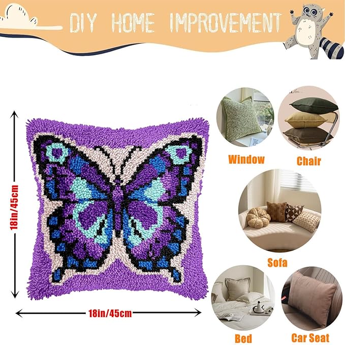 EMISTEM Latch Hook Kits for Adults - Latch Hook Pillow Kits, Crochet Yarn Kit for Beginners, Cross-Stitch Embroidery Cushion Cover Case with Printed Canvas. (Purple Butterfly,17x17 inch)