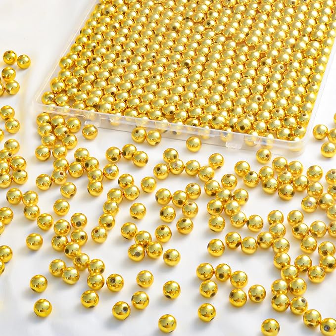 Laopottbeads 350 Pcs Gold 10MM Beads for Jewelry Making Round Beads DIY Kit for Bracelets, Earrings, Necklaces & Anklets