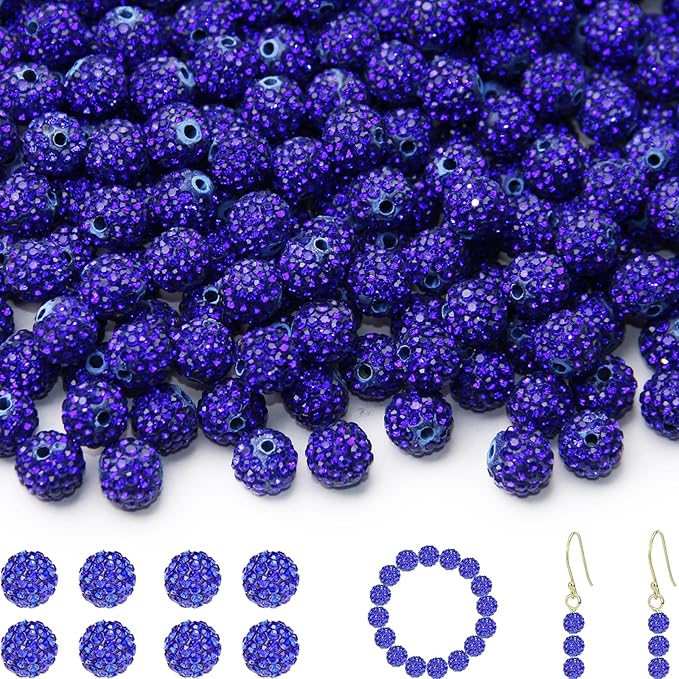 100 Pcs 10mm Rhinestone Beads for Jewelry Making, Dark Blue Shiny Round Shamballa Disco Baseball Necklace Beads Sparkle Crystal Clay Pave Rhinestones Bead for DIY Bracelet Earring Making Supplies