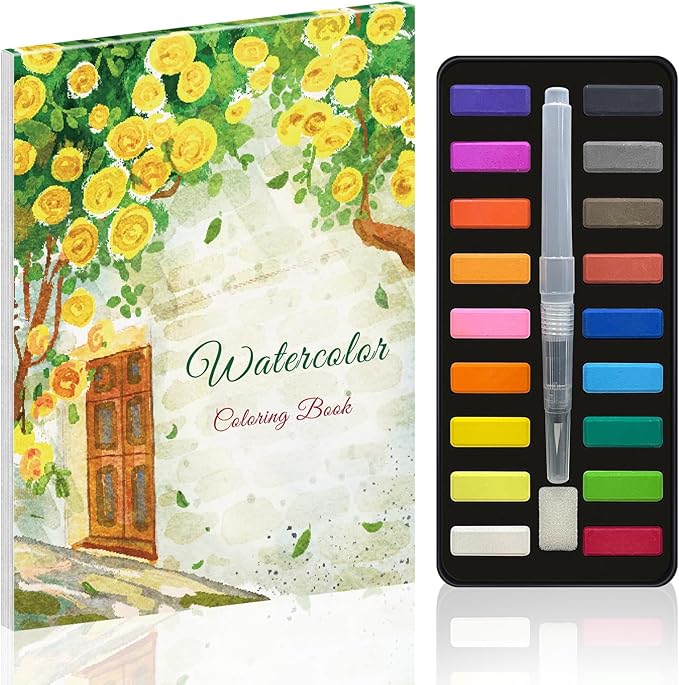 Elfew Watercolor Workbook Set for Adults & Beginners, 18 Color Watercolor Paint with Self-Watering Brush Pen, 20 Beautiful Watercolor Paintings for Adults