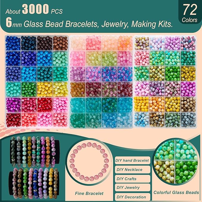 6MM Glass Beads Kit for Jewelry Making - 3 Box Set 72 Colors, 3000pcs Round Colorful Beads for DIY, Beads for Bracelets, Gifts for Teen Girls
