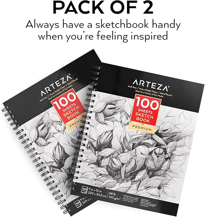 ARTEZA Sketch Book 2-Pack, 9x12 Inches – 200 Sheets, Spiral Bound, 68 lb Acid-Free Drawing Pad for Adults, Teens & Artists for Sketching
