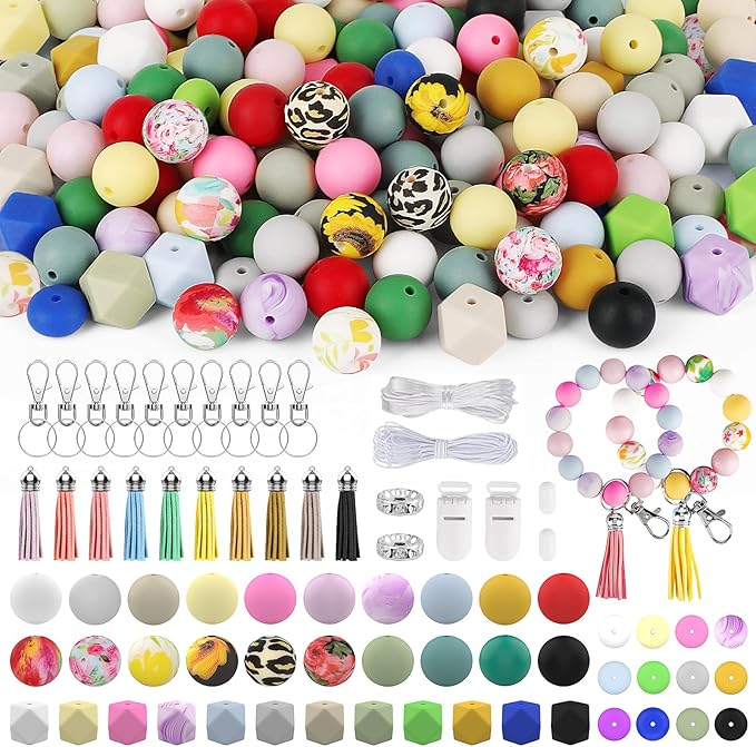 Skalamio 246Pcs Silicone Beads for Keychain Making Kit, 15mm Silicone Bead Bulk, Multiple Styles & Colorful Rubber Beads for Keychains Making DIY Necklace Bracelet Jewelry Crafts