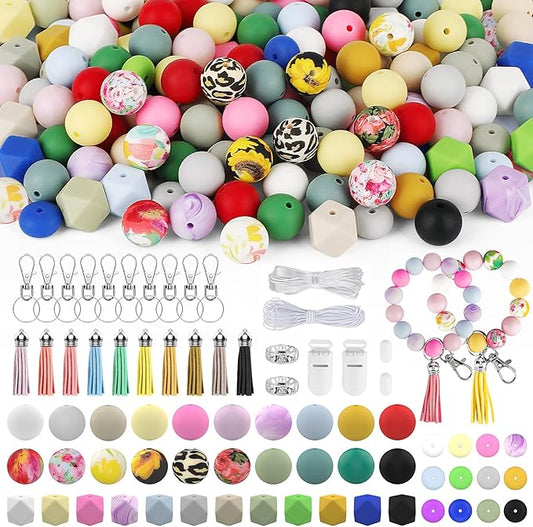 Skalamio 246Pcs Silicone Beads for Keychain Making Kit, 15mm Silicone Bead Bulk, Multiple Styles & Colorful Rubber Beads for Keychains Making DIY Necklace Bracelet Jewelry Crafts