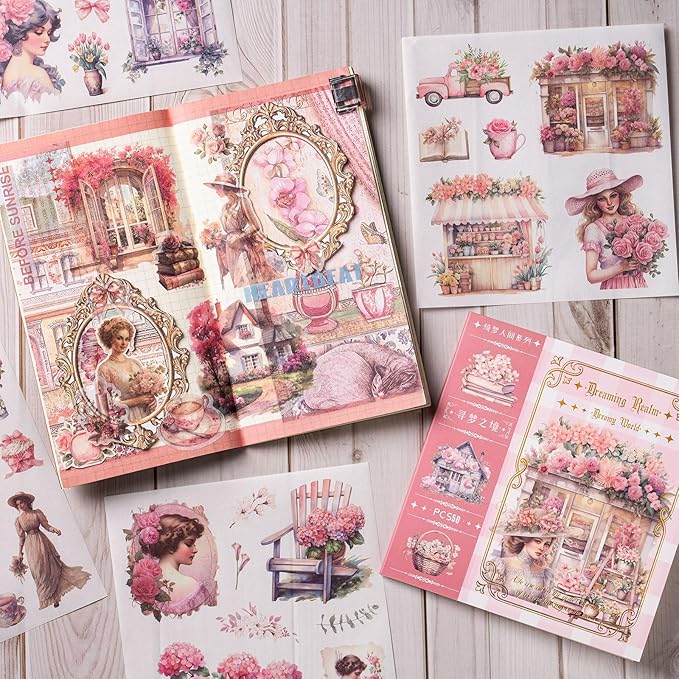 Garden Journaling Stickers, 50 Sheets Washi Junk Journal Sticker Book, Scrapbook Supplies, Watercolor Scrapbooking for Adults, Pink Decorative Ephemera Arts Craft