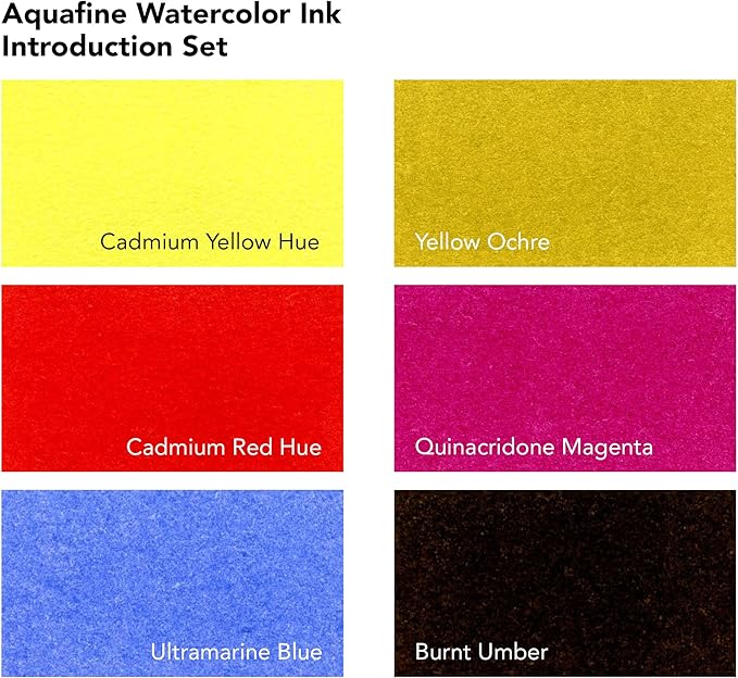 Daler-Rowney Aquafine Watercolor Ink 6-Color Intro Set with Marker - Versatile Liquid Watercolor Ink for Artists and Students - Use with Paint Brushes, Technical Pens, Airbrushes, and Paint Markers