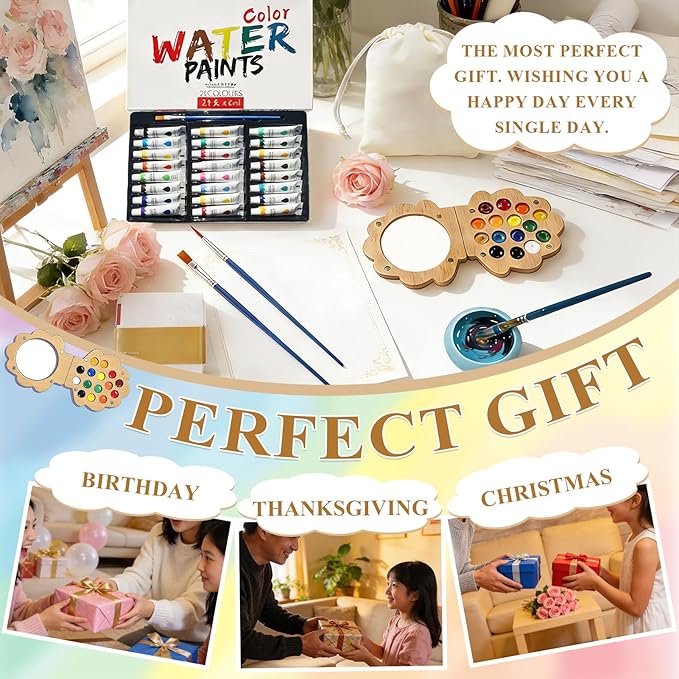 EVOCKAY Mini Watercolor Paint Palette with Clip Perfect for Artists, Painters & Students - Wooden Travel Kit 24 Colors-15 Grids（Shell-Shaped walunt）