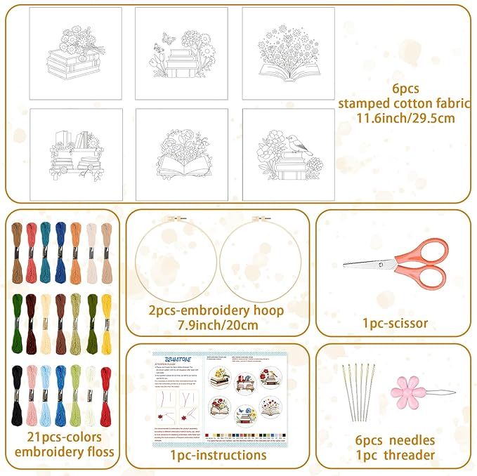 BEUNITONE Books Flowers Embroidery Kit, 6PC Literary Themed Cross Stitch Set for Book Lovers, Reading Hobby DIY Craft, Unique Home Decor Gift Idea