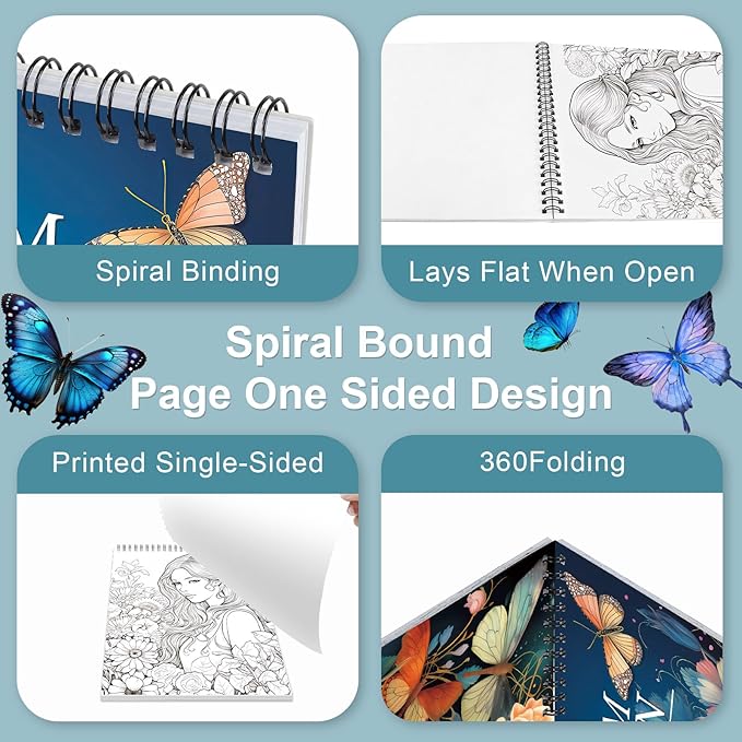 Adult Coloring Book for Women Relaxation, Spiral Bound One Sided Design, Thick Paper Spiral Bound Flower Coloring Book for Adult to Relax and Relieve Anxiety, Mindfulness Gift for Women