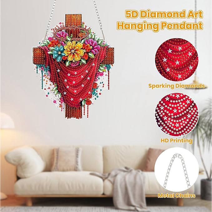 MOGTAA Easter Cross Diamond Art Hanging Kits for Adults Beginners, Flowers Diamond Art Suncatchers, 5D Special Shape Diamond Painting Window Pendant Kit for Home Garden Wall Decor