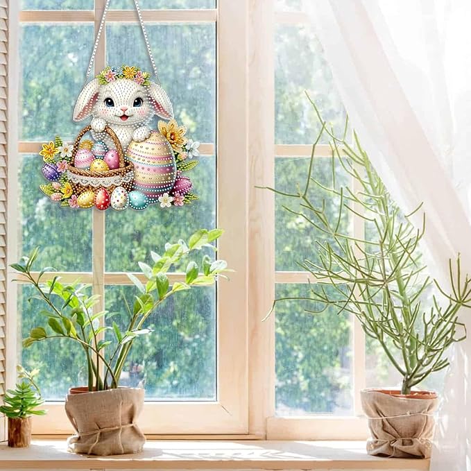 CEOVR Easter Hanging Diamond Art for Adults, Easter Bunny Egg Diamond Painting Pendant DIY Rabbit Gem Art Wall Hanging Ornament, Acrylic Home Garden Decor with Chain, Box Kit 9.58×8.73inch