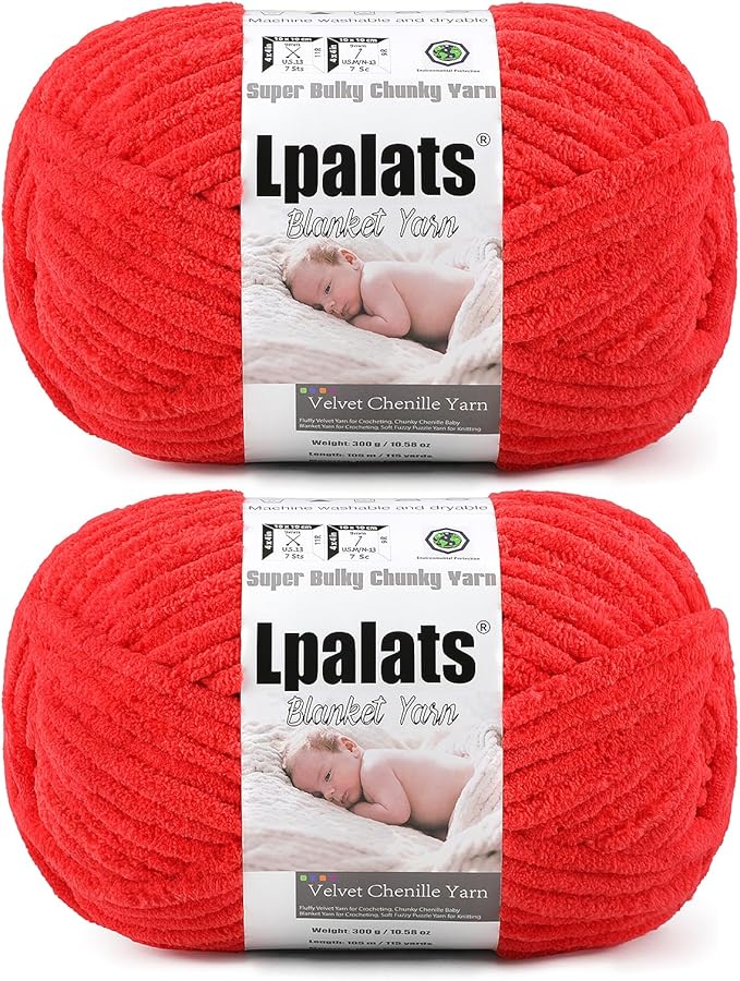 Baby Blanket Yarn for Crocheting - 2 Pack of 300g (Total 600g/21.2oz) Super Fluffy Chunky Chenille Yarn for Hand Knitting, 230 yds Super Bulky Plush Yarn for Cozy Blankets and Amigurumi (2, Red)