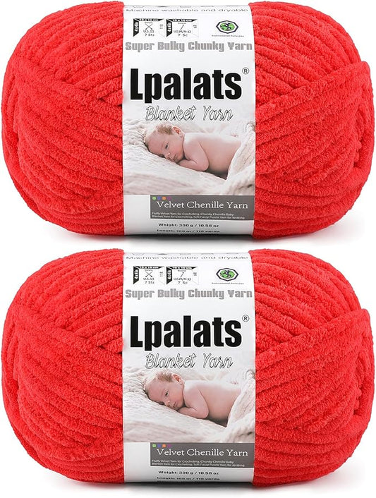 Baby Blanket Yarn for Crocheting - 2 Pack of 300g (Total 600g/21.2oz) Super Fluffy Chunky Chenille Yarn for Hand Knitting, 230 yds Super Bulky Plush Yarn for Cozy Blankets and Amigurumi (2, Red)