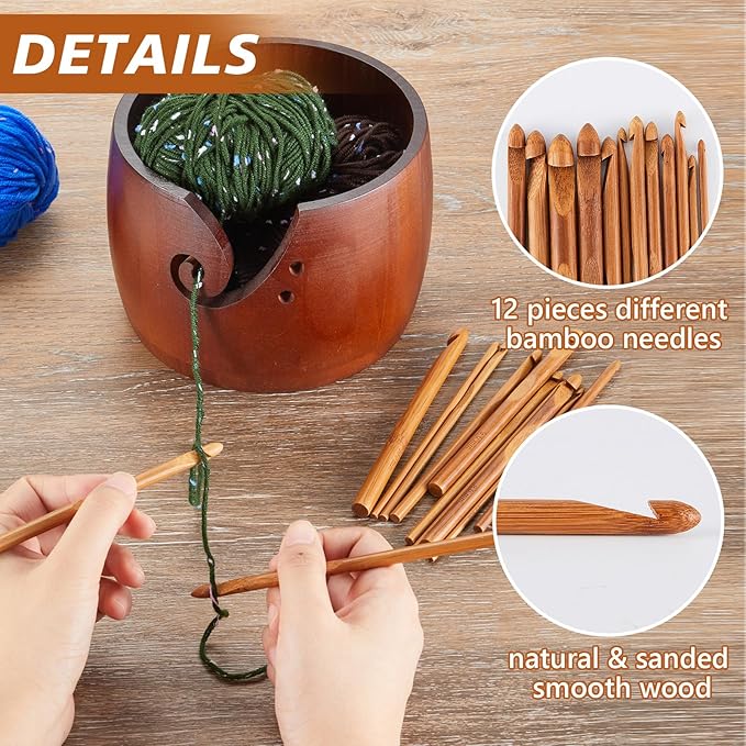 Patelai 6.7 x 6.7 x 4.7 Inch Wooden Yarn Bowl Crocheting Round Knitting Wool Storage Yarn Bowl Handmade with Holes 12 Pieces Crochet Hooks for Knitting DIY Crafts Tools (Dark Brown)