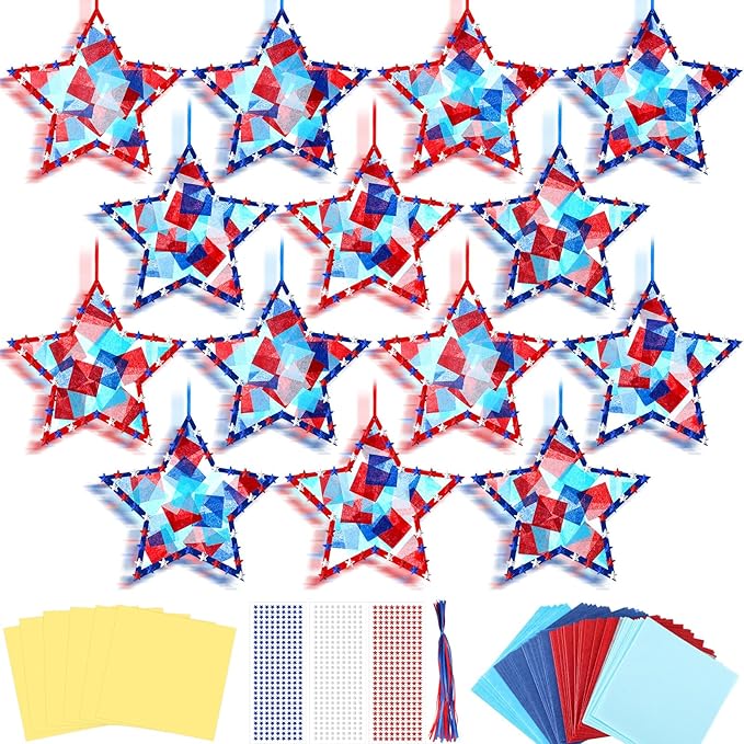 Yaomiao 30 Set Memorial Day Patriotic Suncatchers Paper Crafts Kit DIY Star Shaped Stained Glass Effect Tissue Paper Activities Hanging Decor Gift for Memorial Day