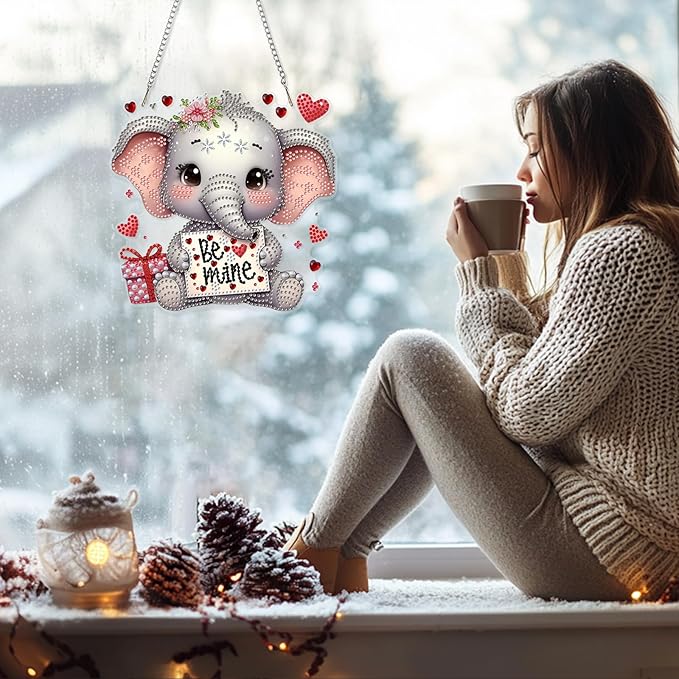 GHHKUD Cute Elephant Diamond Art Hanging Kit for Adults, DIY Double Sided Diamond Painting Hanging Valentines Kits Adults, Special Shaped Acrylic Ornaments Pendants for Window Home Garden Wall