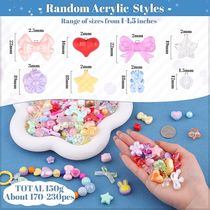 200-260PCS TINKRSTUFF Assorted Acrylic Beads Colorful Cute Beads for Bracelet Making, Bow Flower Butterfly GummyBear Kawaii Charms, Aesthetic Bead for Necklace Keychain Jewelry Making DIY Phone Charm