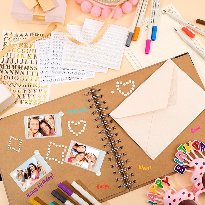 8 x 8 Inch Birthday Guestbook Scrapbook DIY Happy Birthday Photo Album Guest Book Sign with Pens, Envelope, Letter Paper, Pearl Stickers, Metallic Letters