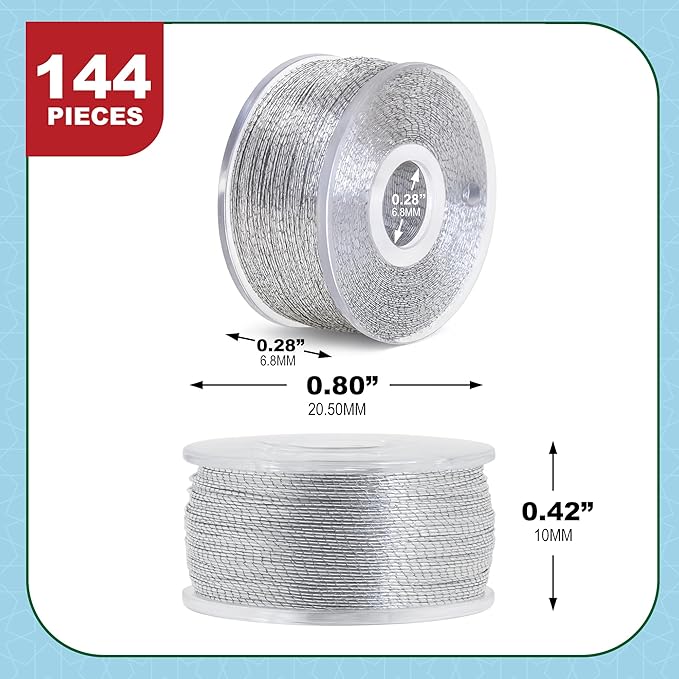 Mandala Crafts 144 Silver SA156 Prewound Bobbins for Singer Sewing Machine -15J SA156 Prefilled Bobbin Thread for Brother Sewing Machine and Embroidery