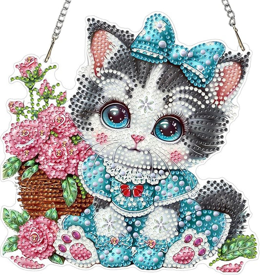 MXJSUA Big Eyes Cat Diamond Art Hanging Kits for Adults Beginners, DIY Acrylic Special Shaped Crystal Diamond Gem Drills Pendant Art Painting Ornament for Home Wall Decor Gift