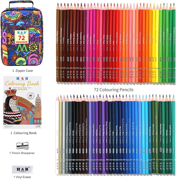 H & B 72PCS Colored Pencils for Adults with Coloring Book, Soft Core Oil-Based Drawing Pencils for Adult Coloring, Professional Art Supplies with Zipper Case for Artists