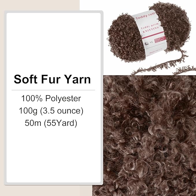 MECCANIXITY 1 Skeins Eyelash Yarn Fur Soft Fluffy Chunky Polyester Yarn Fuzzy Coffee for Crocheting Knit DIY Clothes Bag - 55Yard/50m, 3.53oz