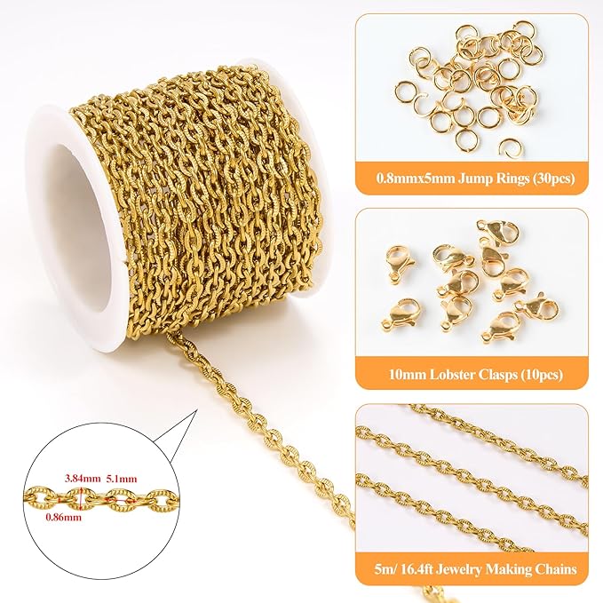 YOUBEIYEE 5 Meters Embossed Oval Jewelry Chains Bulk Gold Plated Stainless Steel Chain for Jewelry Making