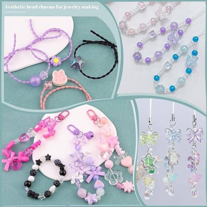 210-270pcs tinkrstuff assorted acrylic beads for bracelet making,cute beads for jewelry making flower bow butterfly candy gummybear kawaii aesthetic bracelet charms, necklace keychain phone charms diy