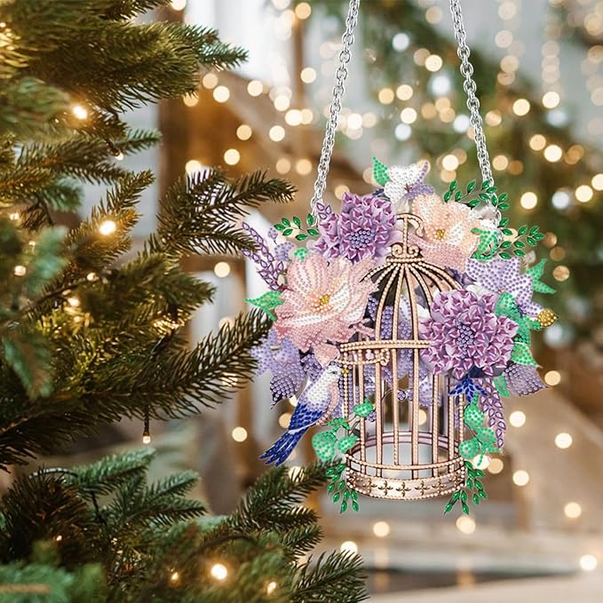 Flower Birdcage Design DIY Diamond Art Painting Wreath Kits Special Shaped Rhinestone Diamond Art Window Pendants Home Garden Wall Hanging Kits (Single Side Point Drill) (#11-Cat) (#02-Flower)