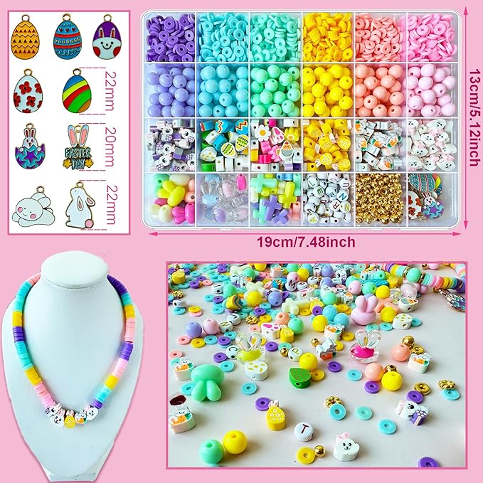 1955Pcs Easter Beads for Bracelets Jewelry Making Kit, Candy Color Assorted Spring Beads Easter Egg Bunny Clay Beads Cute Kawaii Pastel Beads with Easter Charm for DIY Crafts Necklace Earring Phone