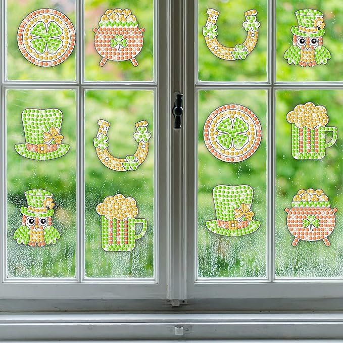 Qyeahkj 6 Pcs St Patrick's Day Arts Crafts DIY Shamrock Hat Gem Diamond Suncatcher Crafts for Kids Patrick Diamond Painting Gifts Exchange for Kids Aged 4 6 8 10 12 for Home School Party Decor
