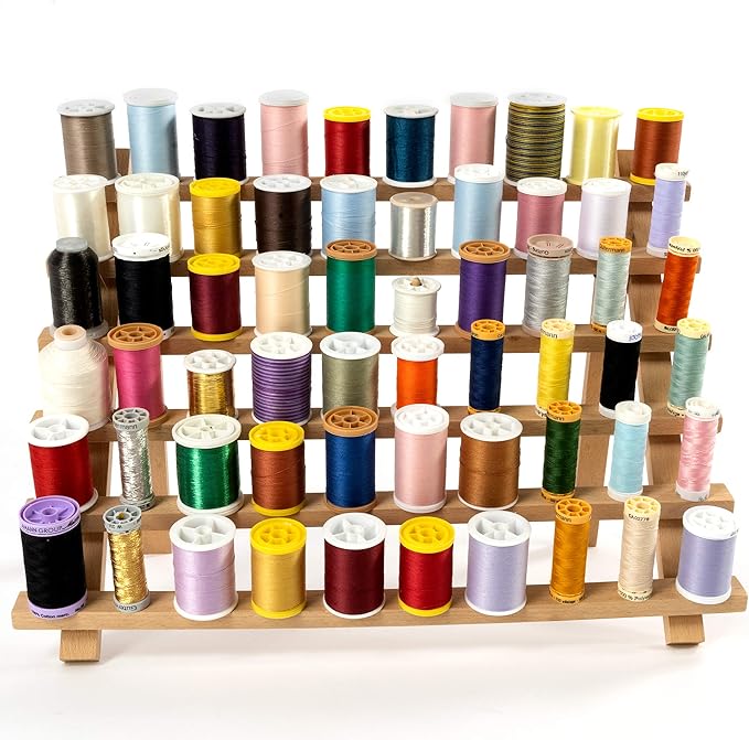 Dritz Wooden Thread Rack – Holds 60 Spools – Wall-Mount or Free-Standing with Pull-Out Legs – Wood Organizer for Sewing, Quilting, & Hair Braiding