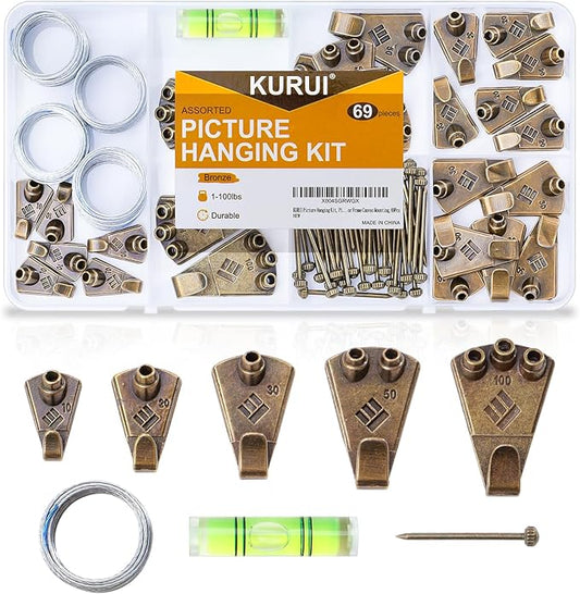KURUI Bronze Picture Hanging Kit, Heavy Duty Wall Hangers Set with Brass Hooks, Nails, Wire and Mini Level, Assorted Sizes, for Frames, Posters, Art, Canvas, Home Decor, 69 Pcs