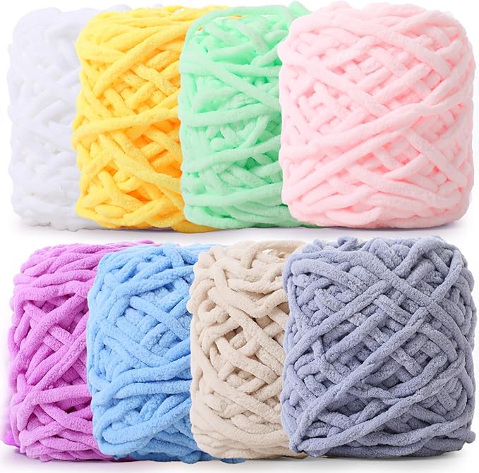 Buryeah 8 Pack Chunky Chenille Yarn for Crocheting Soft Thick Fluffy Yarn for Hand Knitting Bulky Velvet Blanket Plush for Weaving DIY Crafts Each 3.5 oz 55 Yards (Vivid Colors)