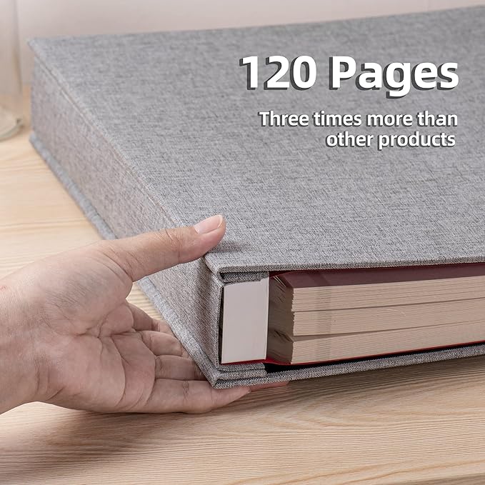 Large Photo Album Self Adhesive 4x6 5x7 3x5 8.5x11 Scrapbook Magnetic Album DIY Scrap Book Length 13 x Width 12.8 (Inches) 120 Sticky Pages Linen Cover DIY Photo Album (Grey)