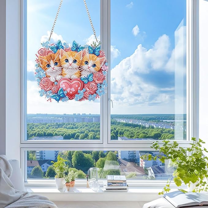 KEYIFA Cats Diamond Painting Kit, DIY Rose Diamond Art for Adults, Diamonds Pendant Special Shaped Rhinestone Window Hanging Ornaments Home Garden Wall Door Decoration, 20cm Width