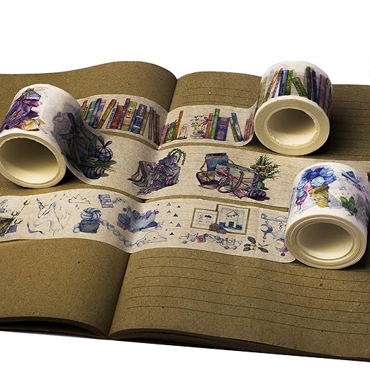 Navy Peony Colorful Library of Books Washi Tape Set (3 Wide Rolls) — for Journals