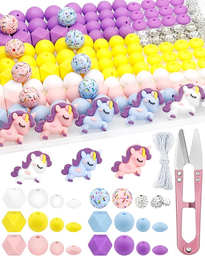 FIVEIZERO 162PCS Silicone Focal Beads for Keychain Making, Animal Unicorn, Round, Lentil, Hexagon, Printed, Rhinestone, Sliver Spacer Beads for Pens, Bracelets & Crafts with Elastic Cord & Scissors