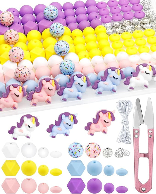 FIVEIZERO 162PCS Silicone Focal Beads for Keychain Making, Animal Unicorn, Round, Lentil, Hexagon, Printed, Rhinestone, Sliver Spacer Beads for Pens, Bracelets & Crafts with Elastic Cord & Scissors