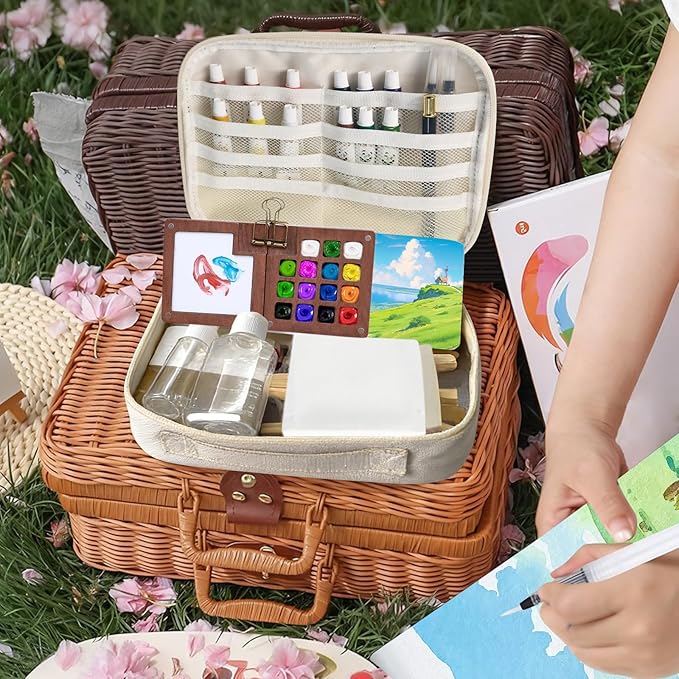Mini Watercolor Travel Paint Set,34Pcs Artist Watercolor Palette Travel Set with Colors,Wooden Paint Box,Brush,Holder,Oil Cup,Plastic Bottles Storage Bag for Beginners Artists Student(15 Grids)