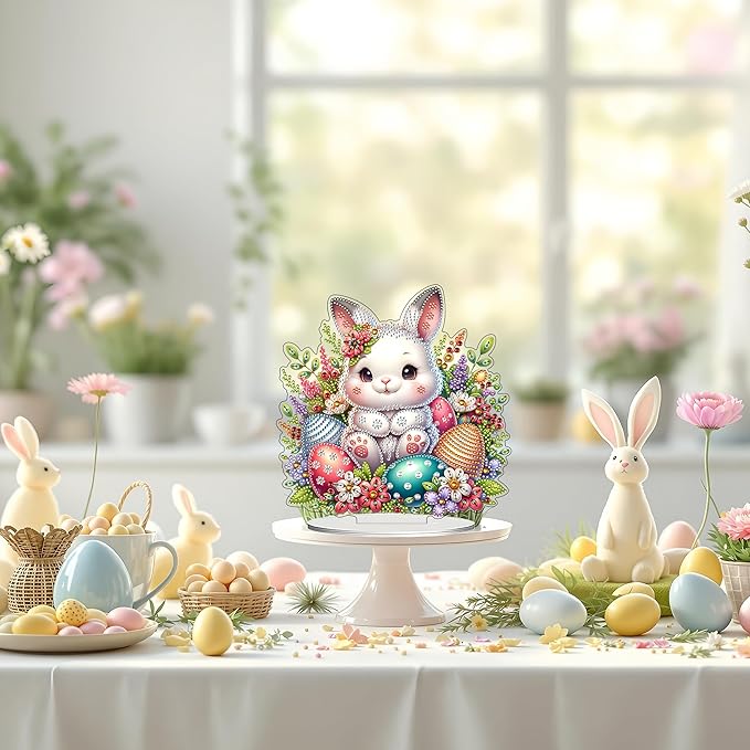 JJFox DIY Tabletop Diamond Art Painting Kit，Desktop Ornament Special Shaped Rhinestone Desk Placement Ornament，Home Stand Up Gem Painting Craft Kit Gift Double Sided (Easter Rabbit-3)