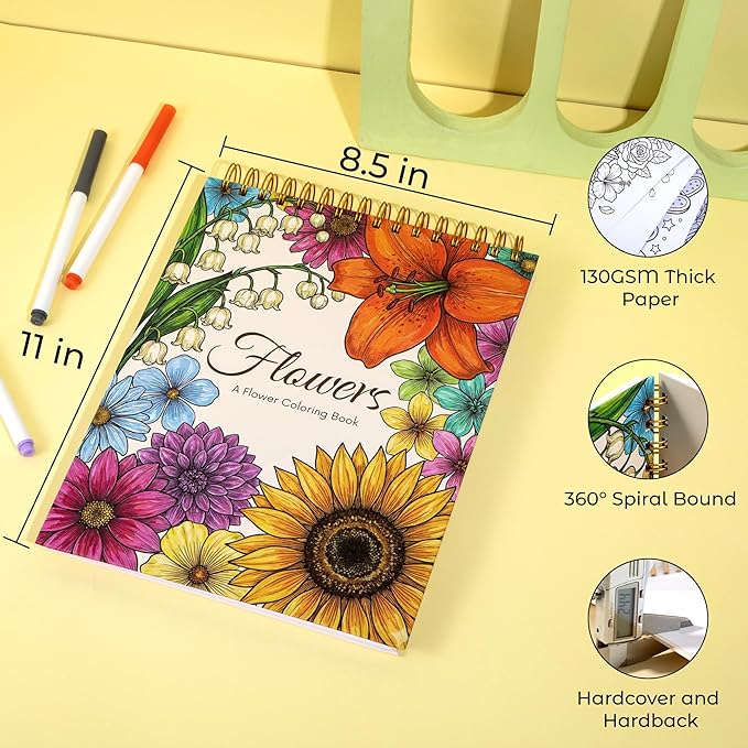 Flower Coloring Book for Adults 41 Unique Single Sided Patterns and 9 Blank Pages with 12 Colored Pencils Set 130GSM Thick Paper Stress Relief & Mindfulness Gift for Women Men, 8.5 X 11in