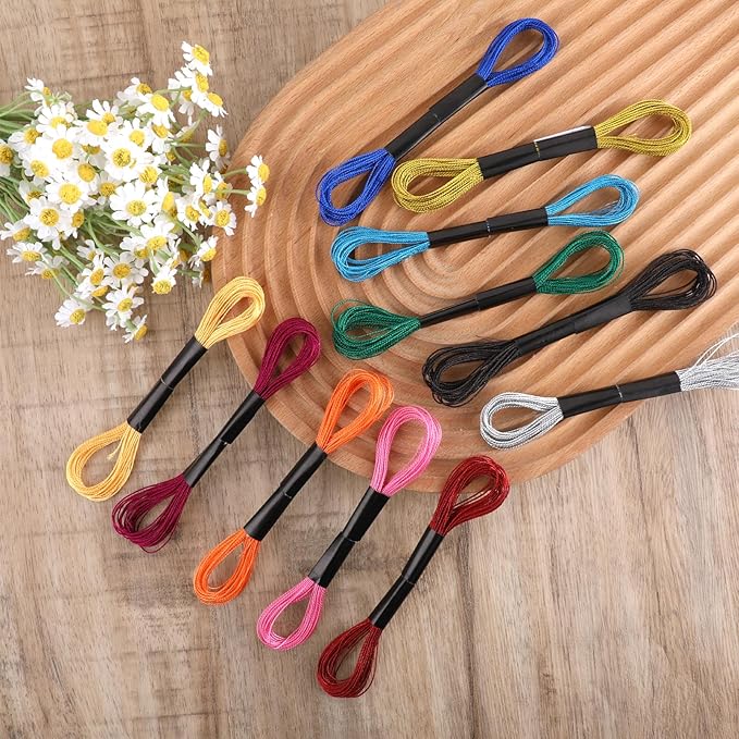24 Skeins Metallic Embroidery Thread, Multicolor Embroidery Floss Friendship Bracelet String Rainbow Needlework Supplies Cross Stitch Embroidery Thread for DIY Bracelets Sewing Crafts Making