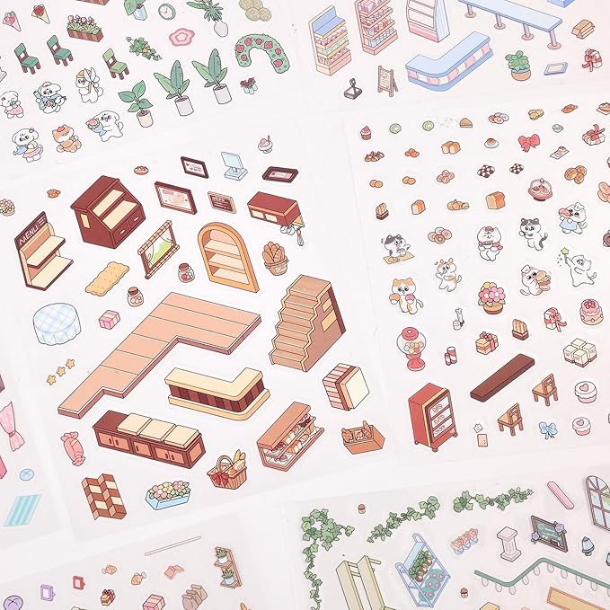 DIY 3D House Scene Stickers - 4 Sets, Warm Home, Supermarket, Bakery, Flower Shop,Cute Fun Stacking Miniature Cartoon for Adult Kids Relief Stress Pass The Time