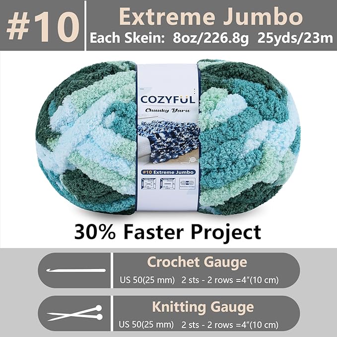 Chunky Yarn for Hand Knitting - #10 Chunky Chenille Blanket Yarn, Jumbo Big Thick Chunky Yarns for Crocheting, Tie Dye Bulky Knit Yarns, 8 Skein (25 yds 8 oz Each Skein), Forest&Teal&Sky&Mint