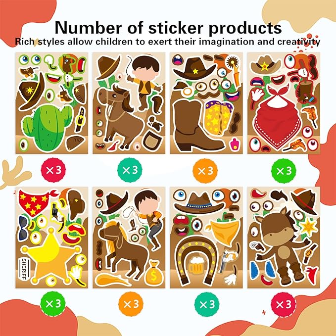 24 sheets western cowboy stickers, make your own cowboy hat boots cactus decals for kids, make a face sticker, art craft party favor supplies