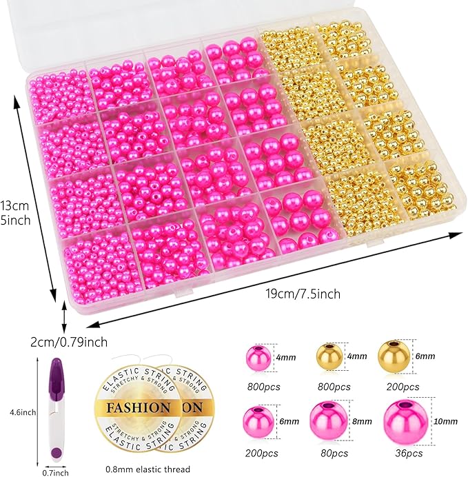 2116 PCS Pearl Beads for Bracelet Making Kit Gold Beads for Jewelry Making Kit Gold Small Spacer Bead Hot Pink Pearl Bead for Crafting Charms Necklace Earrings DIY Craft for Women Adult