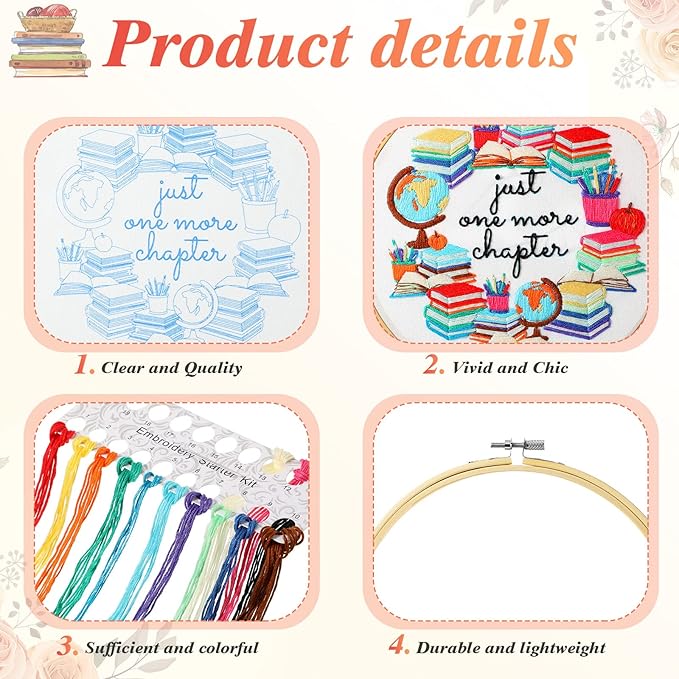 Unittype 4 Set Embroidery Kit for Beginners Adults Book Lovers Funny Cross Stitch Embroidery Kit with Bamboo Hoops Needles Threads Instructions Needle Threader(Classic)