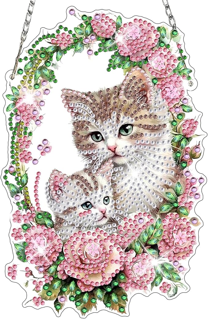 NAIMOER Diamond Art Hanging Kits for Adults, Flower Cat Diamond Art Suncatchers, 5D Special Shape Fall Diamond Painting Pendant Window Ornament Gifts for Home Garden Door Wall Decor